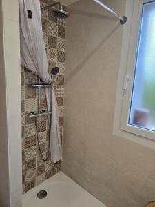 a shower in a bathroom with a shower curtain at appartement in Lussac-les-Châteaux