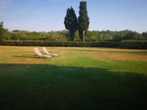 two white benches sitting in a grass field at Avignon Grand Mas XXL avec Piscine, parc et Mazet in Avignon