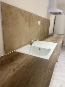 a bathroom with a white sink on a wooden counter at Le pop Daudet in Fontvieille