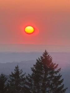 a sunset over the mountains with trees in the foreground at Chalet Belfahy in Belfahy
