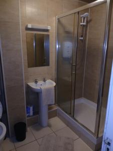 a bathroom with a shower and a sink and a toilet at Eglington court apartment in Galway