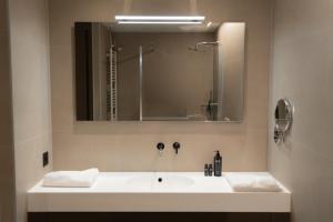 a bathroom with a white sink and a mirror at SELF CHECK IN Arbed Living Apartments Arbedo Castione in Arbedo-Castione