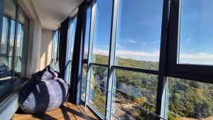 a room with large windows with a large bag at Coliseum Studio N in Staţia de Cale Ferată Visterniceni