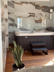 a bathroom with a tub and a potted plant at Pnoe Luxe Apartment & Spa, Naxos Town in Naxos Chora +75 photos