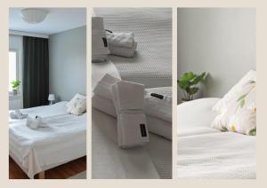 three pictures of a bedroom with a bed and a couch at Kodikas parvekkeellinen kaksio omalla parkkipaikalla in Kokkola