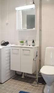 a white bathroom with a sink and a toilet at Kodikas parvekkeellinen kaksio omalla parkkipaikalla in Kokkola +22 photos
