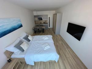 a bedroom with a bed and a flat screen tv at Lipno Loft - Korzo in Lipno nad Vltavou
