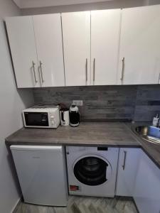 a kitchen with a washing machine and a microwave at Park Apartman in Kaposvár