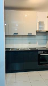 a kitchen with black and white cabinets and a sink at One bedroom apartment Podgorica in Podgorica +1 photo