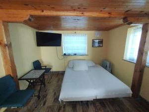 a bedroom with a large white bed and a tv at Къща за гости При Комина - Guest House By the Chimney in Dryanovo