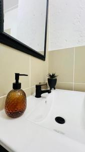 a bathroom sink with a soap dispenser on it at Luxury Two-Story Loft - Beautiful Golf Course Views in Roodepoort +13 photos