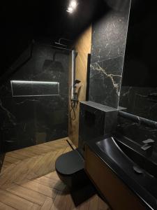 a bathroom with a black sink and a toilet at Apartamenty pod Tatrami in Zakopane