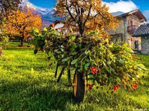 a bike parked in the grass with flowers at La Volta - Historic Molino Maufet Watermill - Lake Como in Colico