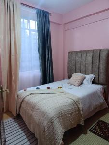 a bedroom with a bed with pink walls and a window at Casa Aura Stays Kerugoya in Keruguya
