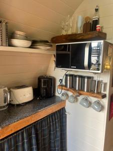 a kitchen with a counter top with a microwave at Mountain view pod in Lochinver +12 photos