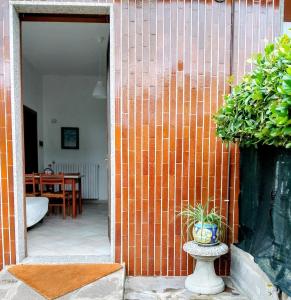 a plant in a pot next to a brick wall at Casa loto in Pantigliate +11 photos