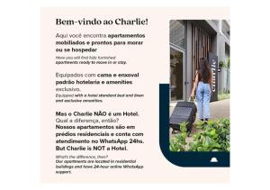 uma página de um panfleto com uma menina puxando uma mala em Charlie For You Moema em São Paulo