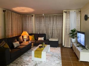 a living room with a couch and a tv at Eden Space Accommodations in Nairobi