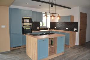 a large kitchen with blue cabinets and a sink at Gîte du Bois la Dame in La Capelle-en-Thiérache