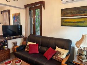 sala de estar con sofá de cuero y almohadas rojas en Αετοφωλιά-AETOFOLIA, en Pano Lefkara