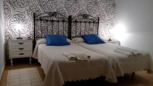 1 dormitorio con 2 camas y almohadas azules en Casa Rural San Blas, en Sanjuanejo