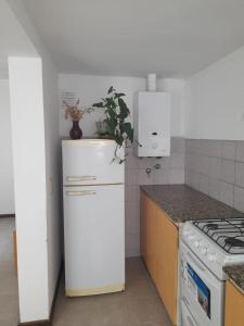 een keuken met een witte koelkast en een fornuis bij Complejo Vélez Sarsfield 185 in Bell Ville