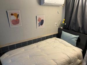 テジョンにある방있나요 풀옵션 레지던스 2호점 은행동,성심당, 대흥동 충대병원, 볼파크 Bangitnayo residence near Sungsimdang, ballparkの壁に絵画が飾られたベッドルームのベッド1台