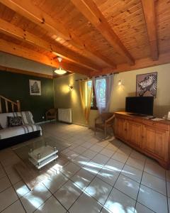 a living room with a couch and a tv at Gîtes de Charme en Isère in Sonnay