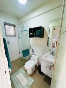 プンタ・チャメにあるTranquil Poolside Two BR Beach Villaのトイレ、シャワー、洗面台を備えたバスルーム