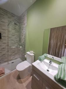 a bathroom with a toilet and a sink and a shower at Habitación 1º IZQ H2 vistas a la ría in Vigo