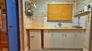 a small kitchen with a counter and a blue door at Ruimyz cabbin in Manot