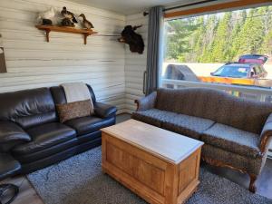 een woonkamer met een bank en een salontafel bij Chalet Lac Édouard cozy in La Tuque