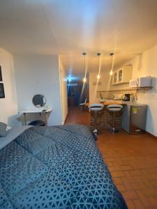 a bedroom with a bed and a kitchen with a counter at CANEY Traveller House in Cali