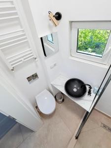 a bathroom with a sink and a toilet and a window at Apartment near Central Park with garden view in Cluj-Napoca