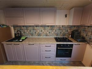 eine Küche mit weißen Schränken und einem Herd mit Backofen in der Unterkunft Casuta din Livada 2 