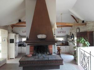 ein großes Wohnzimmer mit einem Kamin in der Küche in der Unterkunft La Motelle N 5 in Les Ulmes