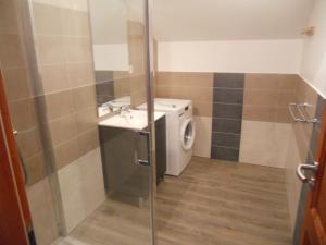 a bathroom with a sink and a washing machine at Gîtes du Saut des Cuves in Xonrupt-Longemer +44 photos