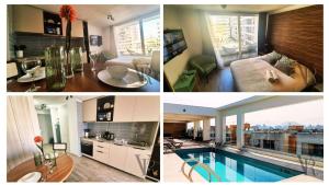 een collage van vier foto's van een woonkamer en een keuken bij Santiago Estudio Moderno Movistar Arena/Metro Toesca in Santiago