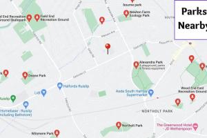 eine Karte des Parks in Kericho in der Unterkunft 4 Bedroom Terraced House with Huge Garden in Pinner