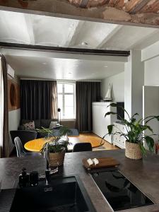 Una cocina y una sala de estar con un sofá y una mesa. en Luxury Apartment in the center, en Mikkeli