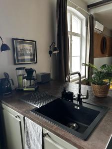 Una encimera de cocina con un fregadero y una ventana. en Luxury Apartment in the center, en Mikkeli