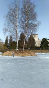 a person standing on top of a frozen lake at Machy Liptov in Liptovská Kokava
