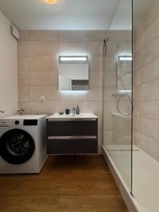 un bagno con lavatrice e lavandino di Le Color - renovated - modern - city center a La Roche-sur-Foron