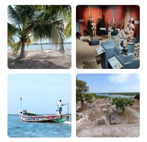 four different pictures of a boat on the beach at Guorgui's bed in Ndangane