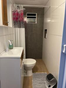 een badkamer met een wit toilet en een wastafel bij Casa Kekel in Florianópolis