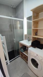 a bathroom with a washing machine and a sink at Studio lumineux avec terrasse au cœur du Périgord in Monestier