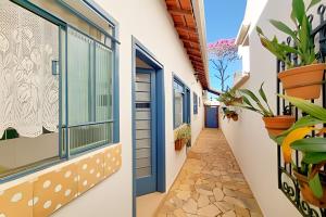 a corridor of a house with a blue door and plants at Costa Family-Little house in the center in Santa Rita do Sapucaí