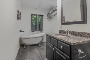a bathroom with a tub and a sink and a bath tubermottermott at Serene Acre Retreat- in Apex near Raleigh in Apex +32 photos