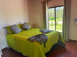 una camera da letto con un letto verde e una grande finestra di Cabaña San Jorge a Bella Vista