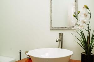 a bathroom with a white sink and a vase with flowers at Ocean Mist Suites in Kingstown